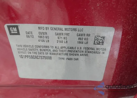 2012 Chevrolet Cruze 1Lt from USA, damaged, VIN 1G1PF5SC6C7375008